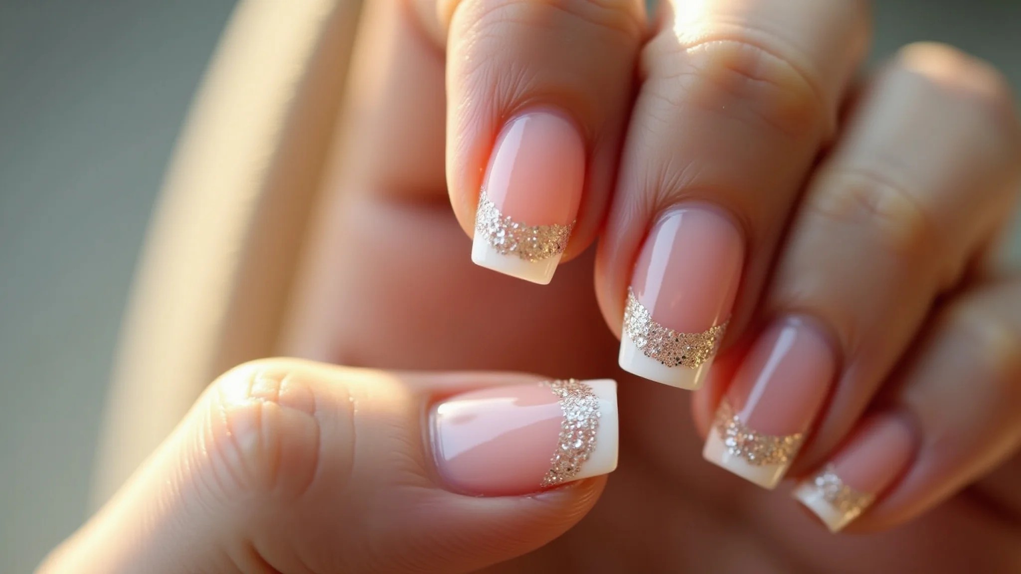 Unhas de fibra de vidro quadradas com francesinha moderna e detalhes em glitter rosê.