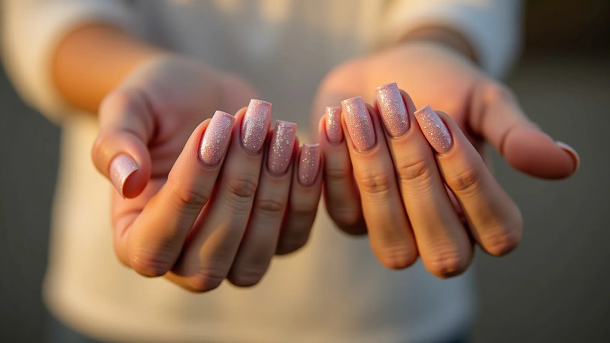 Close-up de mãos femininas exibindo unha decorada simples com glitter.