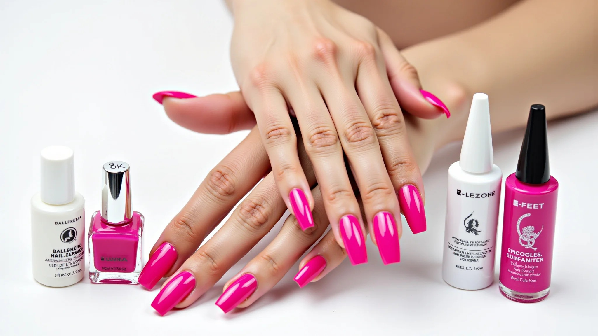 Unhas bailarina rosa e produtos de manicure de qualidade.