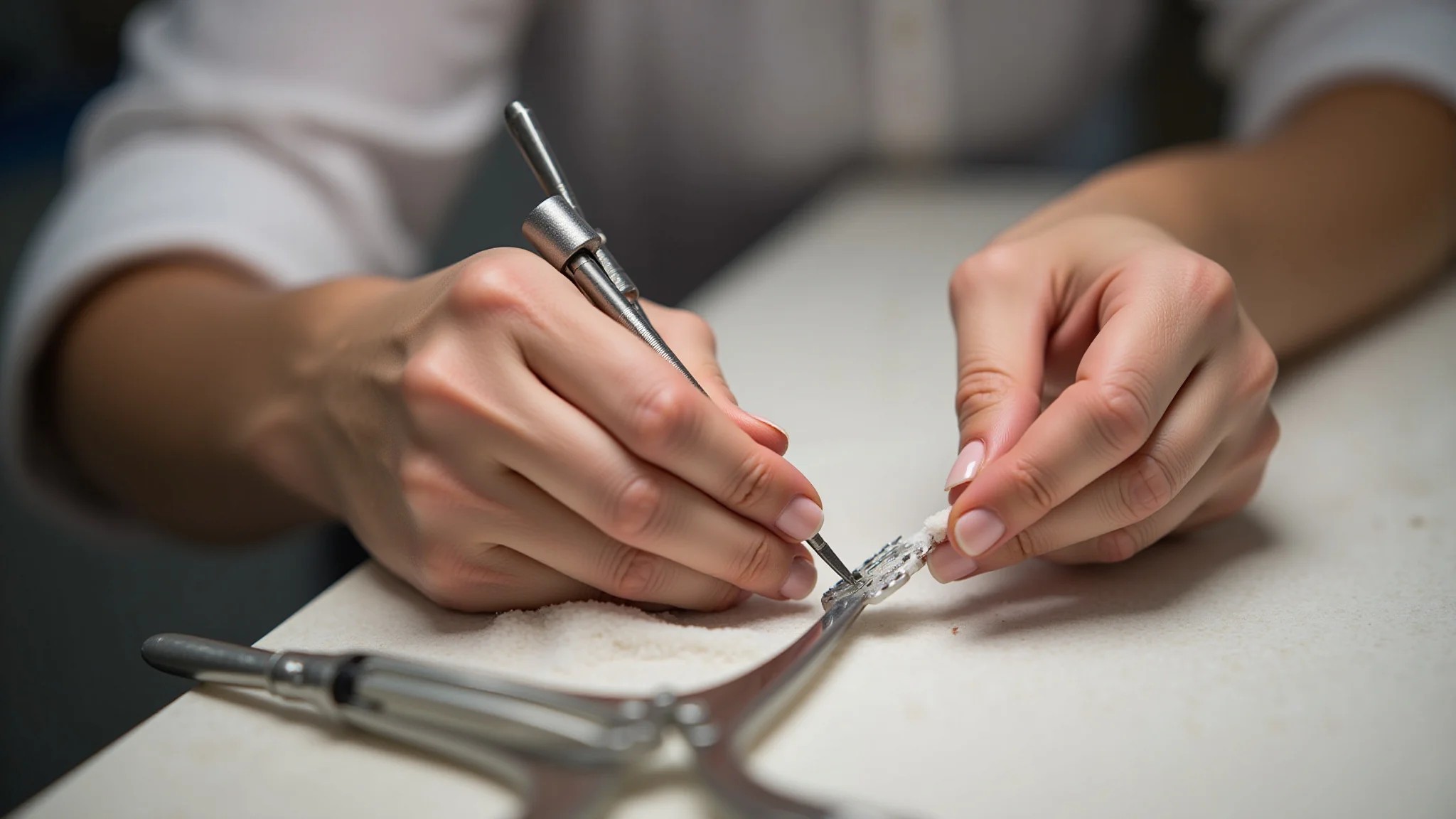 Lixando unhas de fibra de vidro para dar o formato final.