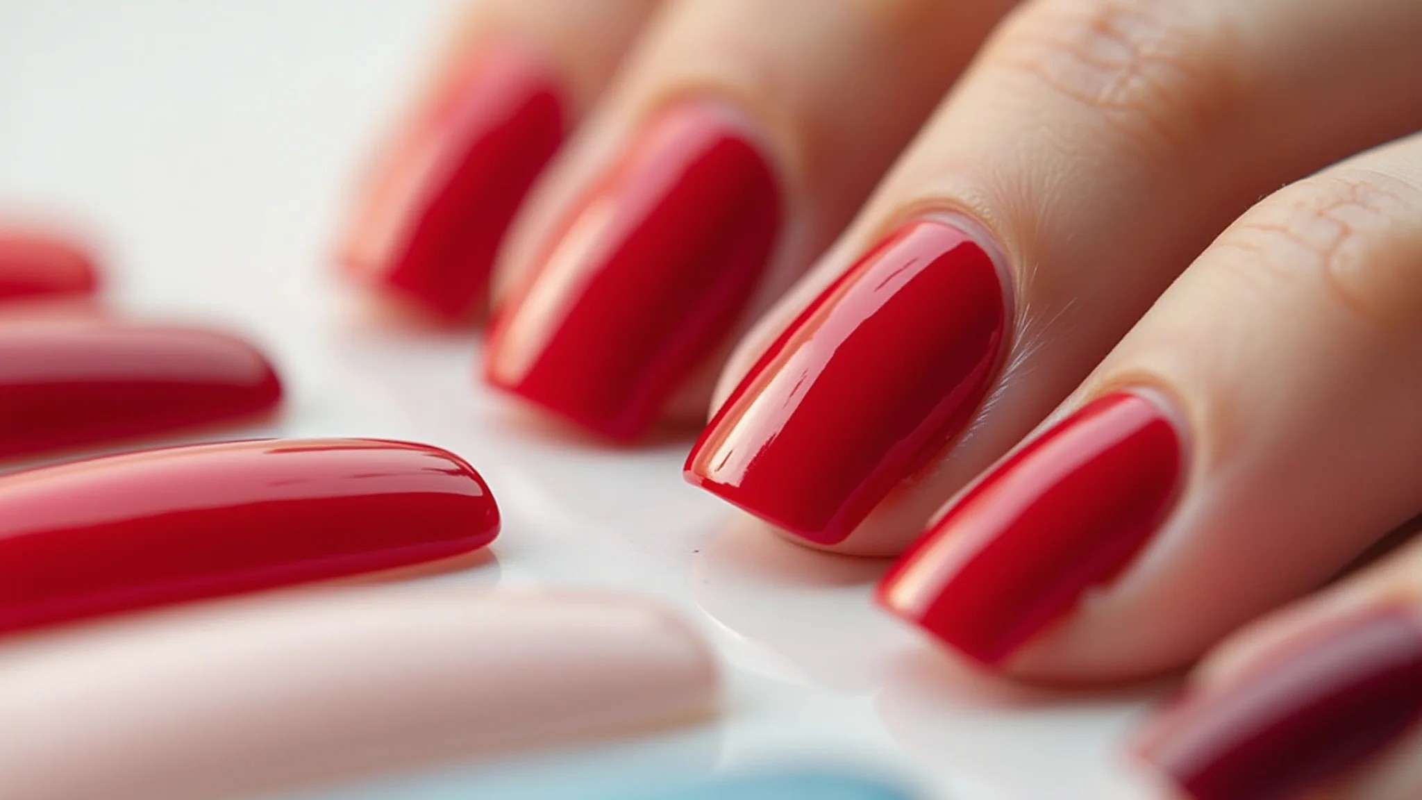 Variedade de tons de esmalte vermelho em unhas de fibra de vidro.