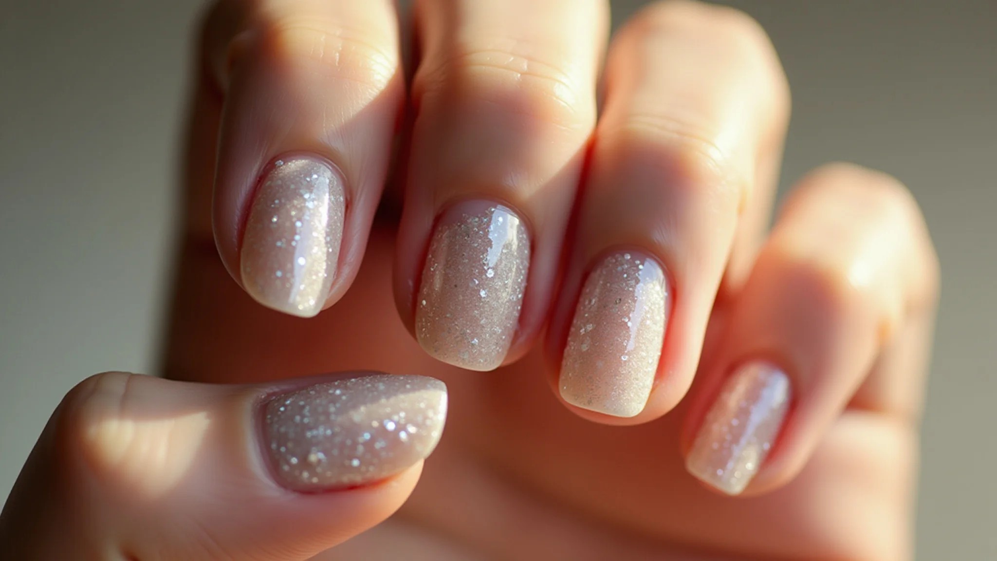 Unhas de fibra com glitter prata, design elegante, fotografia comercial.