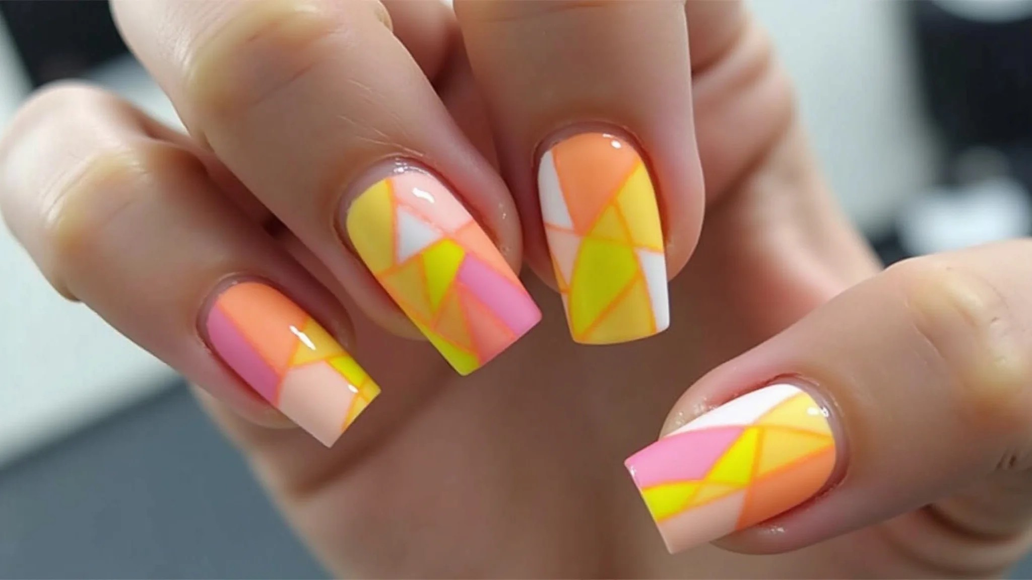 Nail art geométrica vibrante em unhas de fibra de vidro quadradas, design moderno e divertido.
