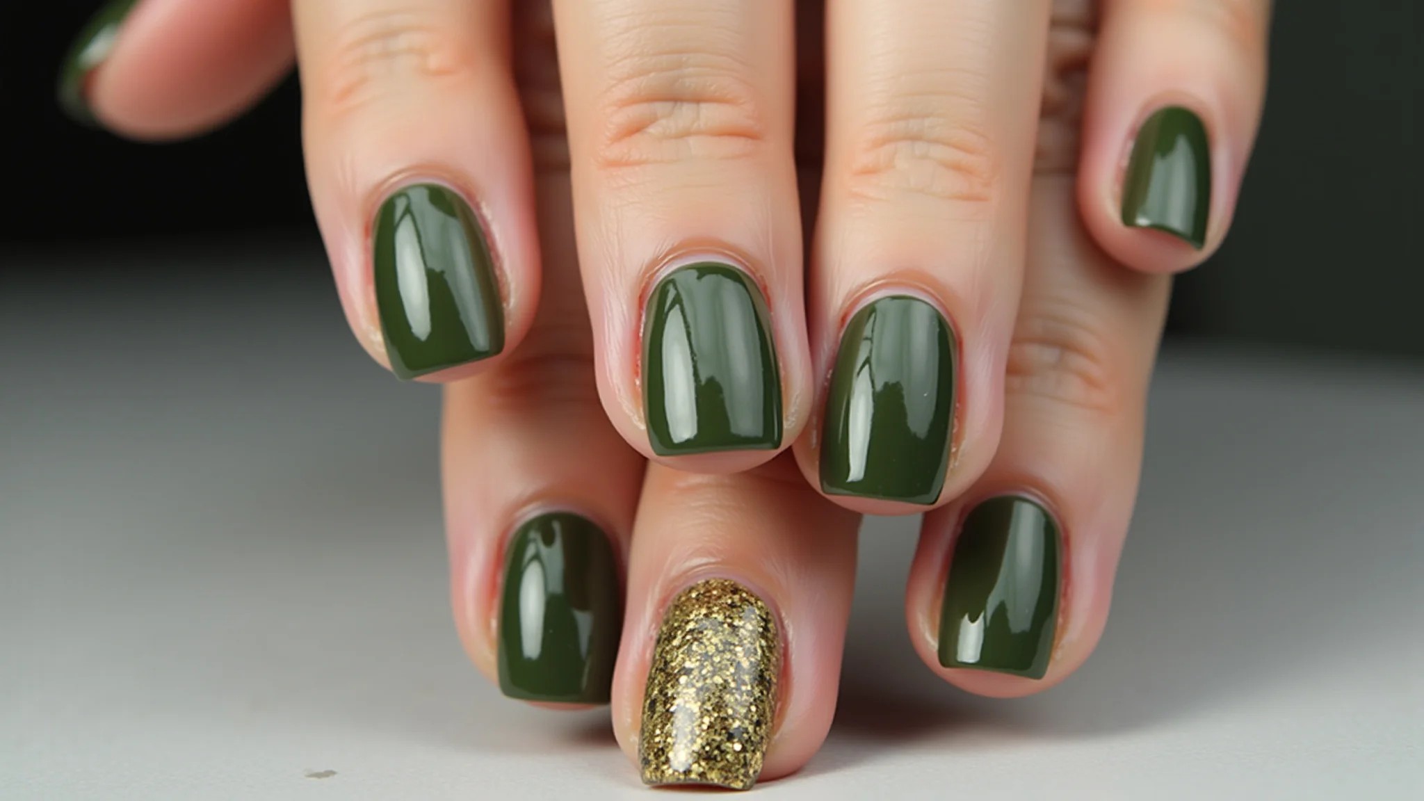 Unhas verde militar com filha única decorada com glitter dourado.