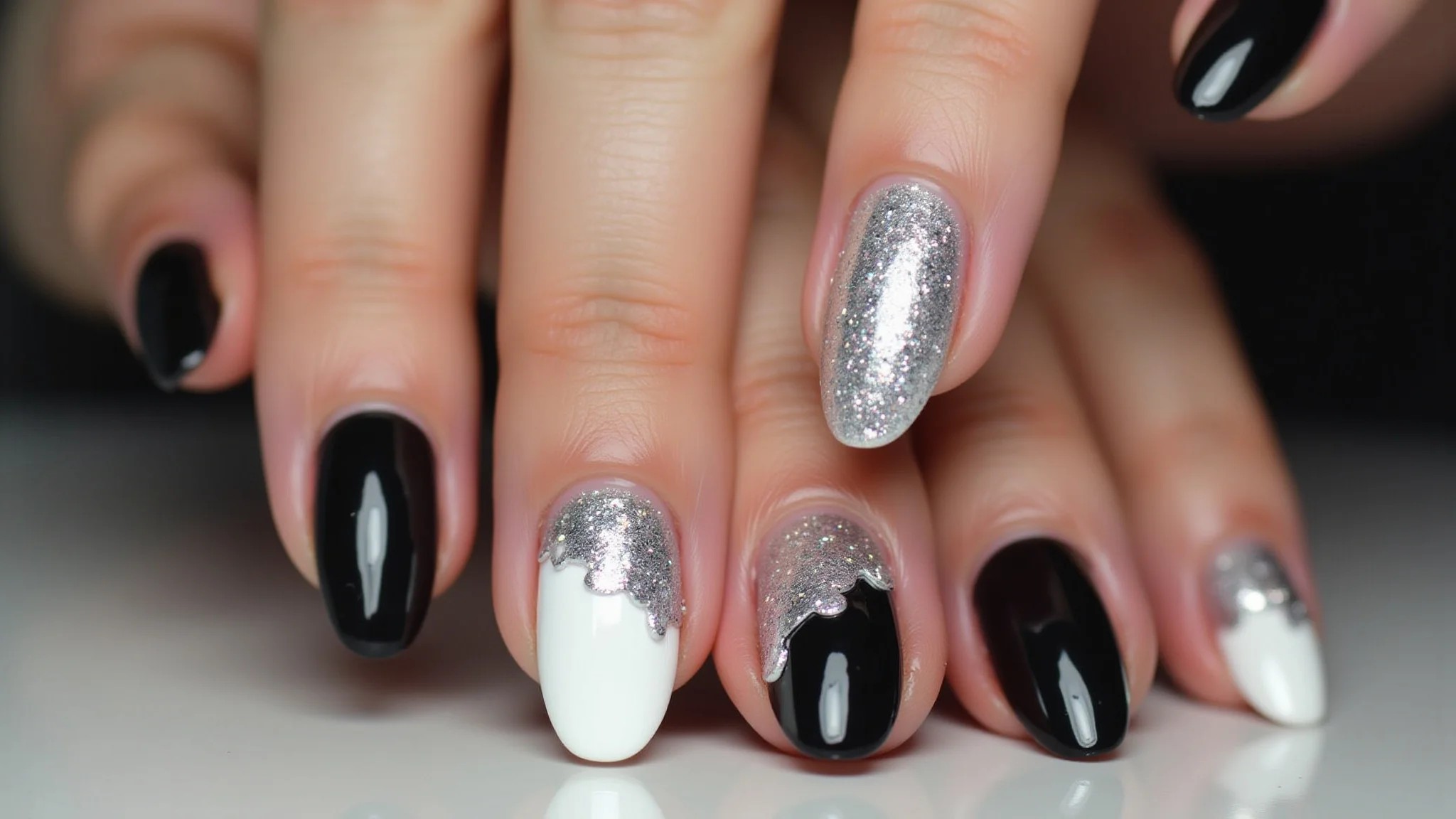 Filha única com glitter preto e branco, toque de brilho e glamour nas unhas.