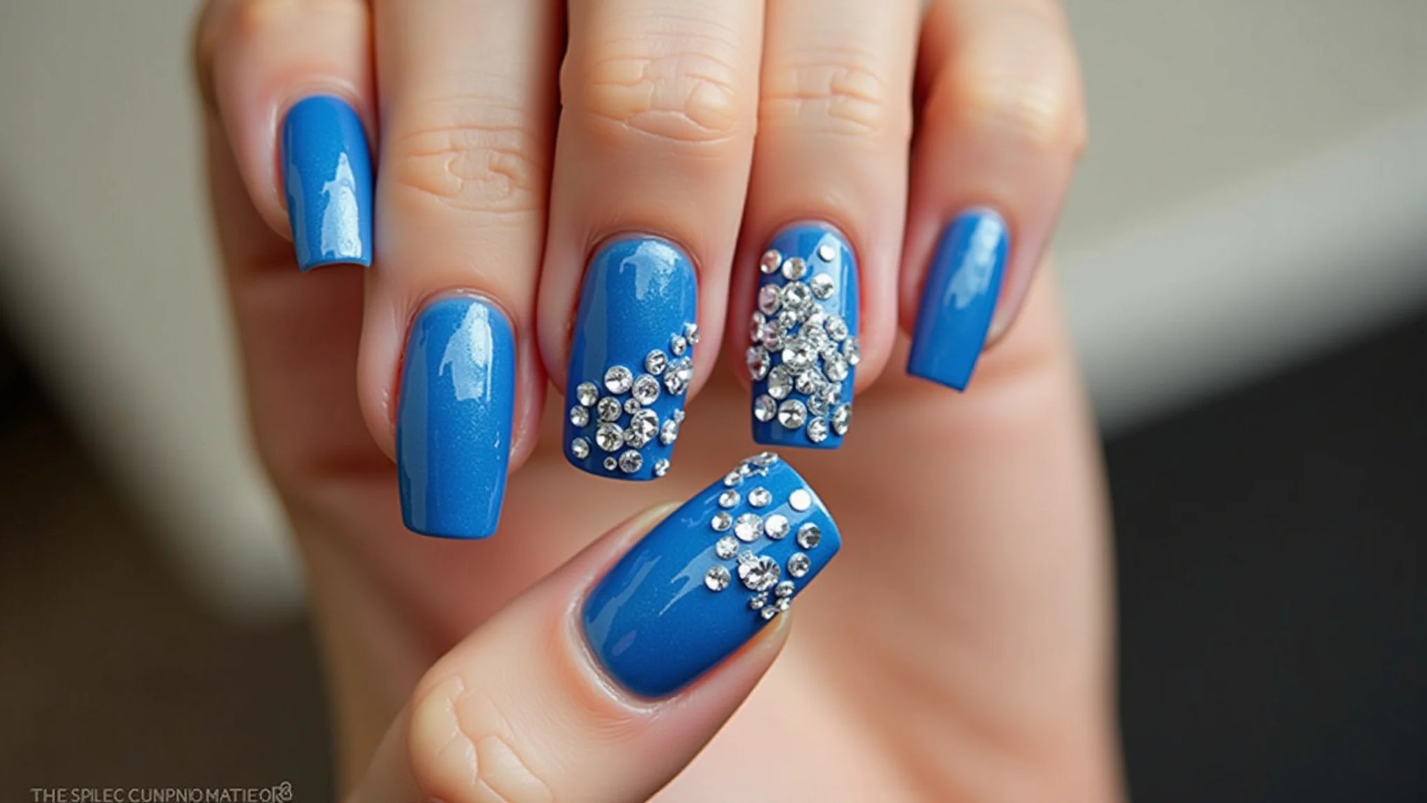 Unhas azuis com pedras, toque de luxo, visual sofisticado.