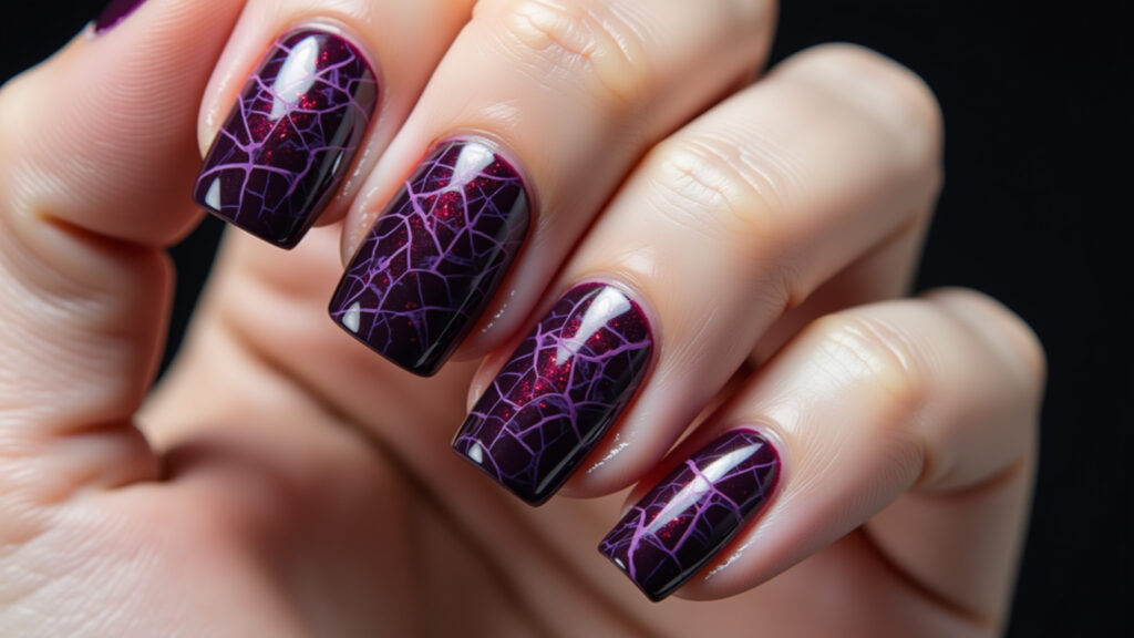 Unhas craqueladas roxo escuro.