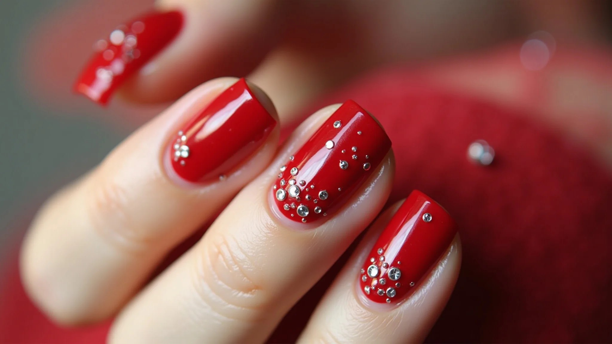 Unhas vermelhas decoradas com pedrarias, elegância e sofisticação em detalhes.