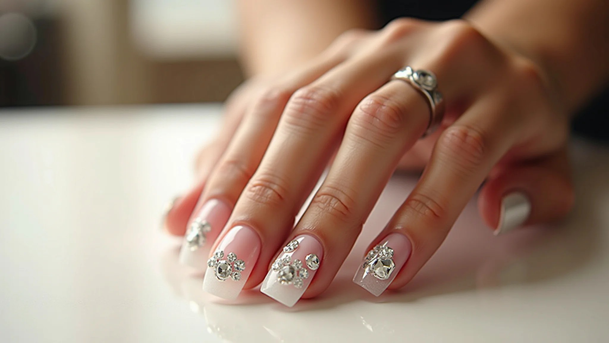 Unhas de fibra de vidro decoradas com pedrarias delicadas.
