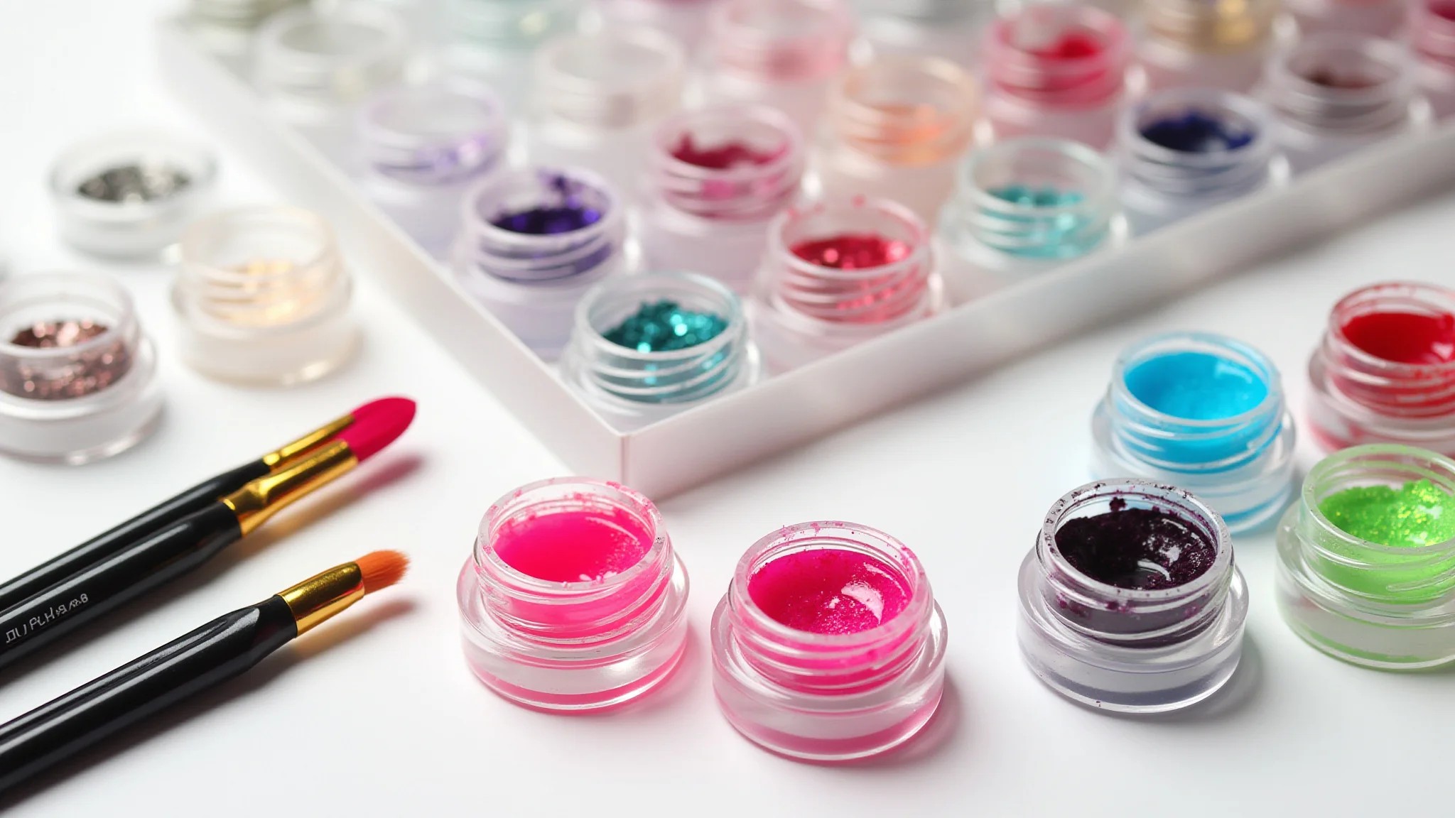 Materiais para unhas de gel: géis coloridos, pincéis e glitter.