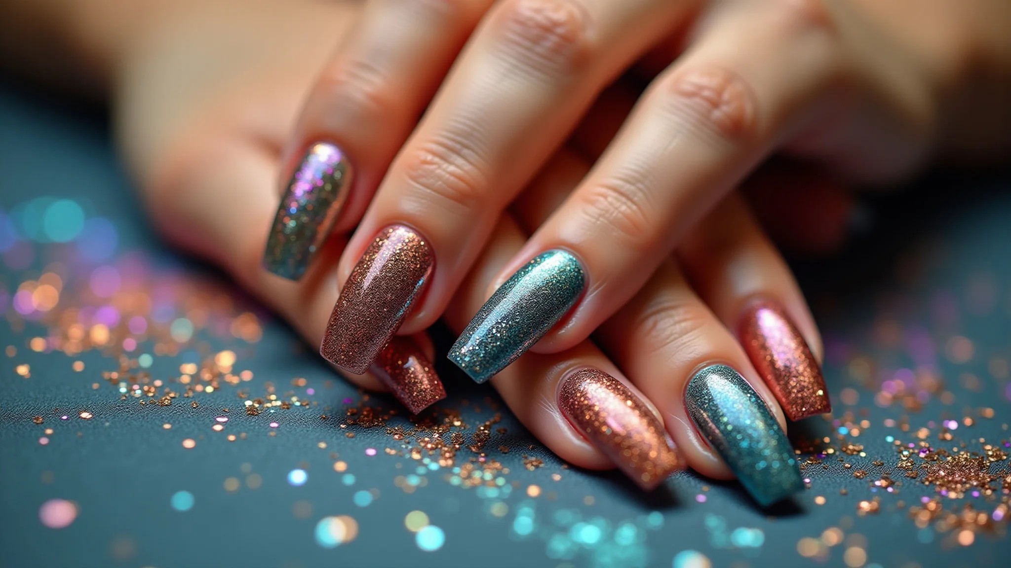 Unhas com glitter e brilho, perfeitas para festas e eventos noturnos.