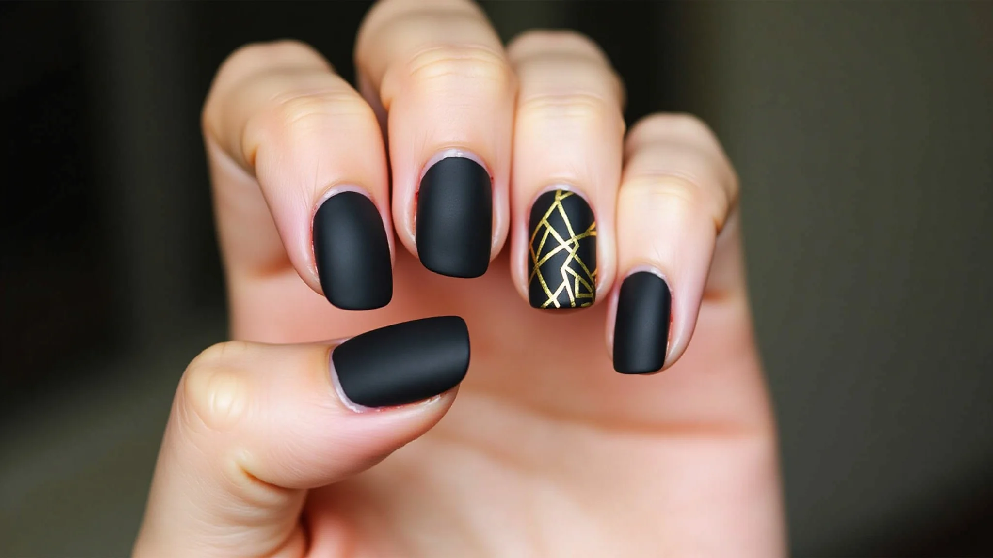 Unha preta fosca com detalhes geométricos dourados, tendência em nail art brasileira.