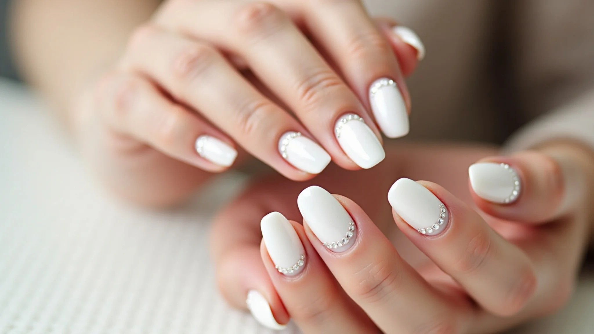 Unhas de gel brancas leitosas com delicados pontos de luz em pérola.