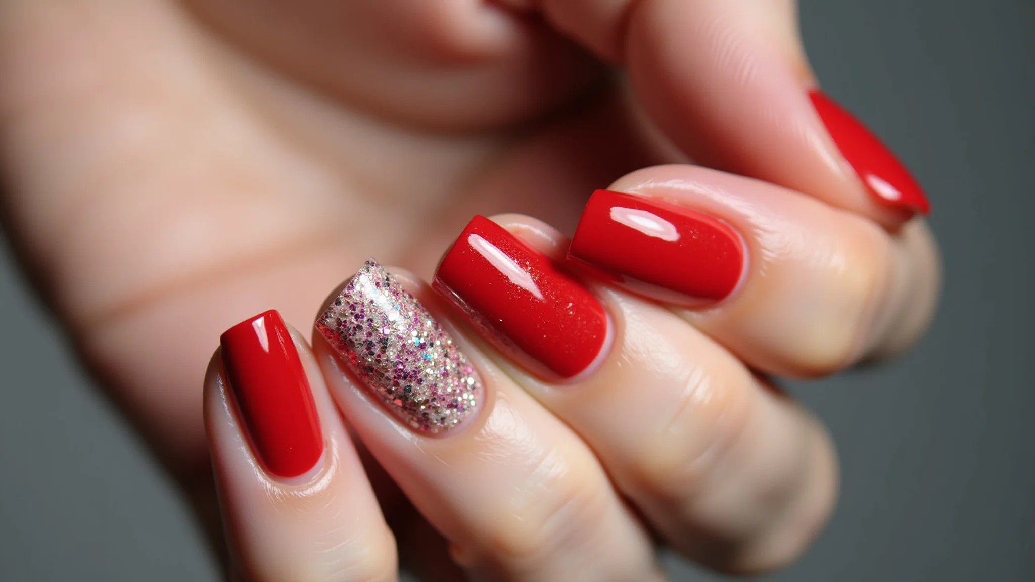 Unhas vermelhas decoradas com glitter, manicure profissional e elegante.