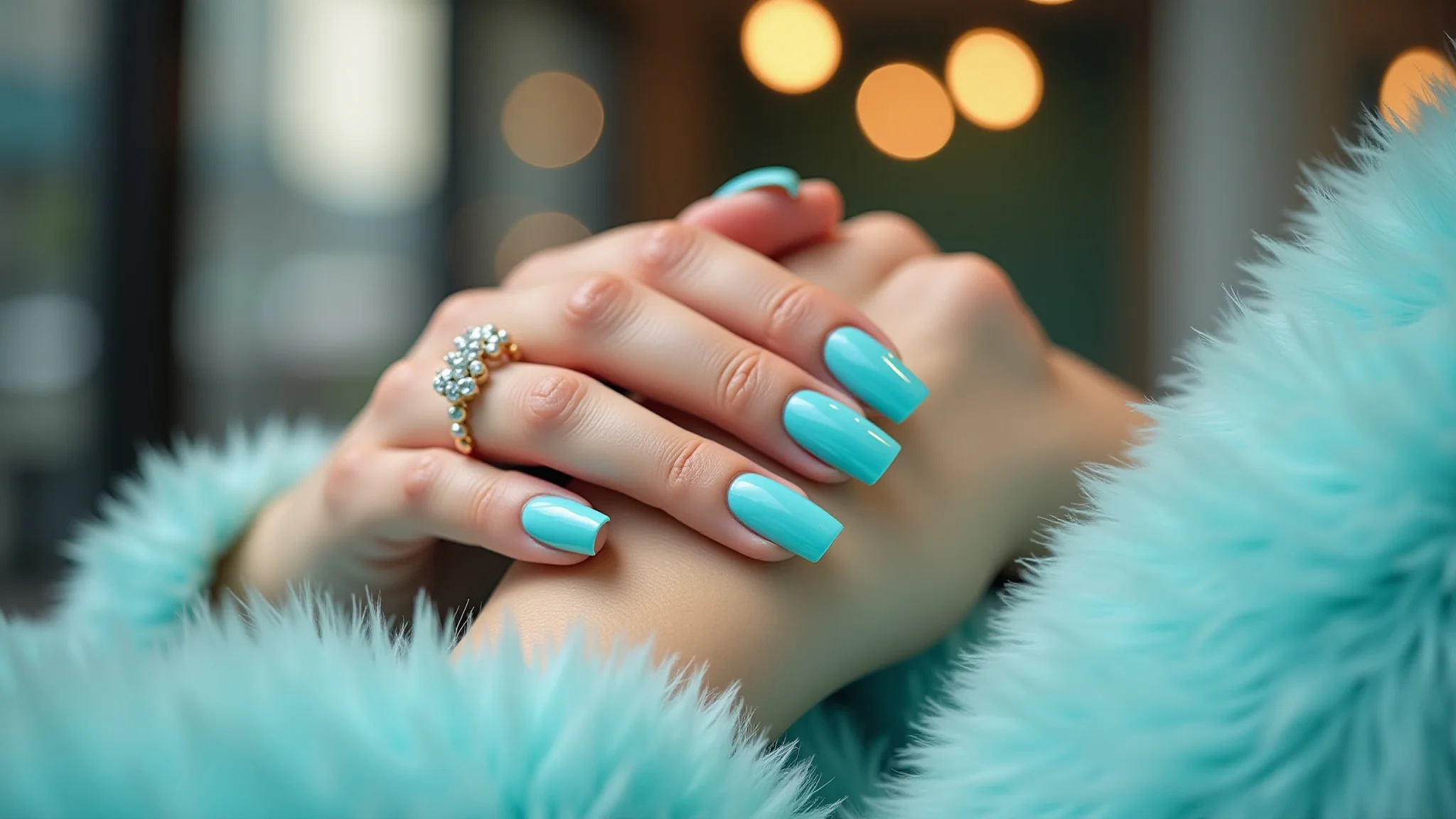 Unhas azul Tiffany elegante com joias delicadas, fotografia profissional.