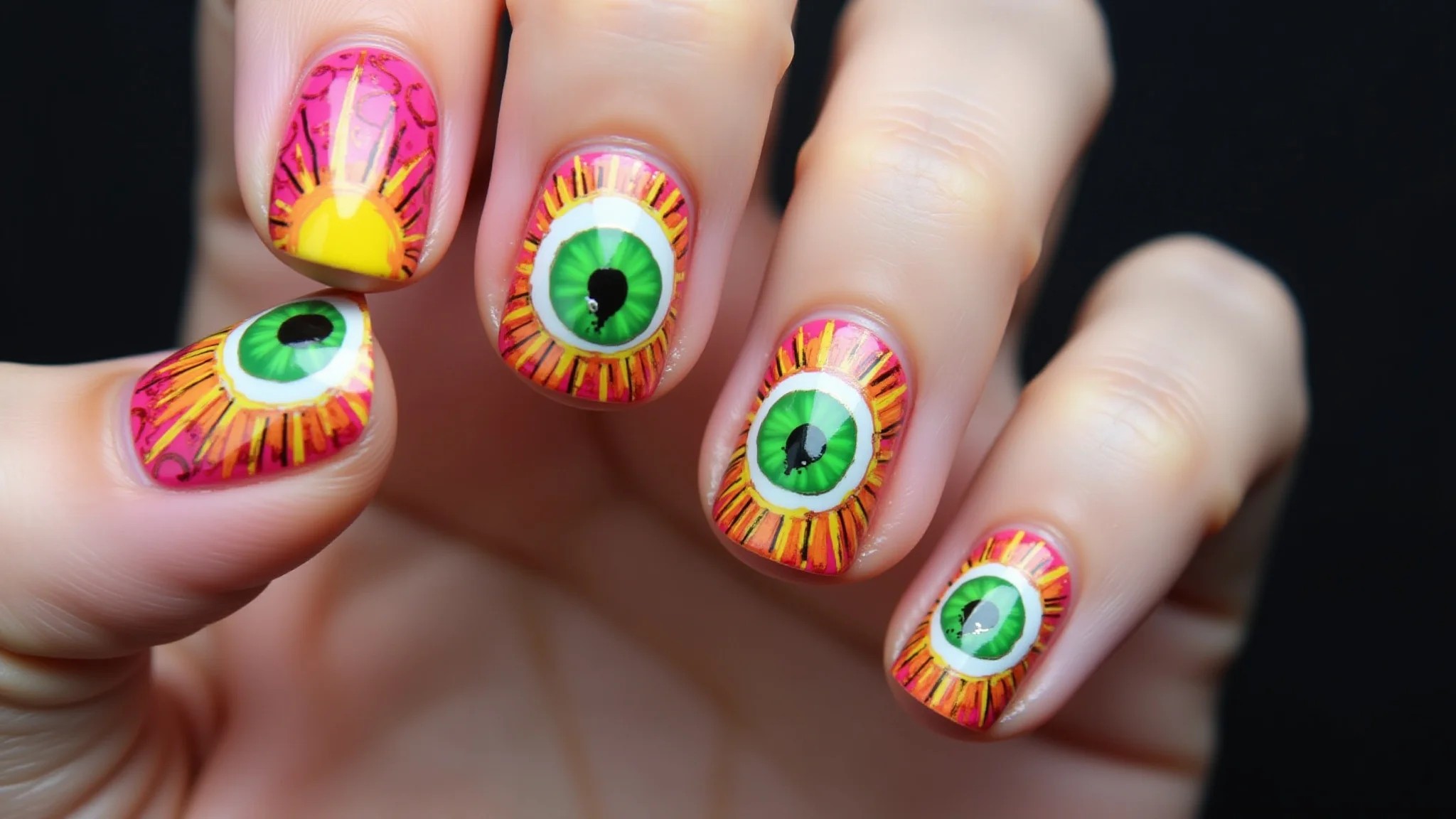 Unhas de gel com olho grego colorido e vibrante.