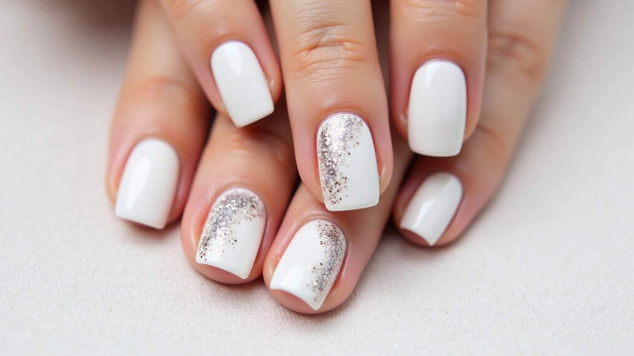 Unhas de gel brancas com glitter em diferentes estilos.