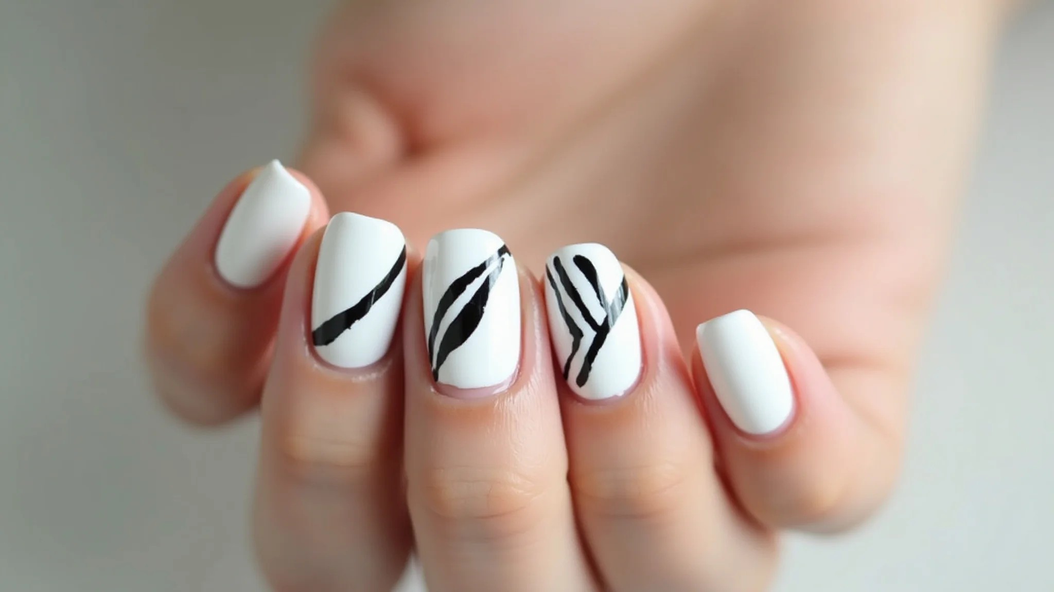 Unhas brancas com desenhos geométricos minimalistas em preto e branco.