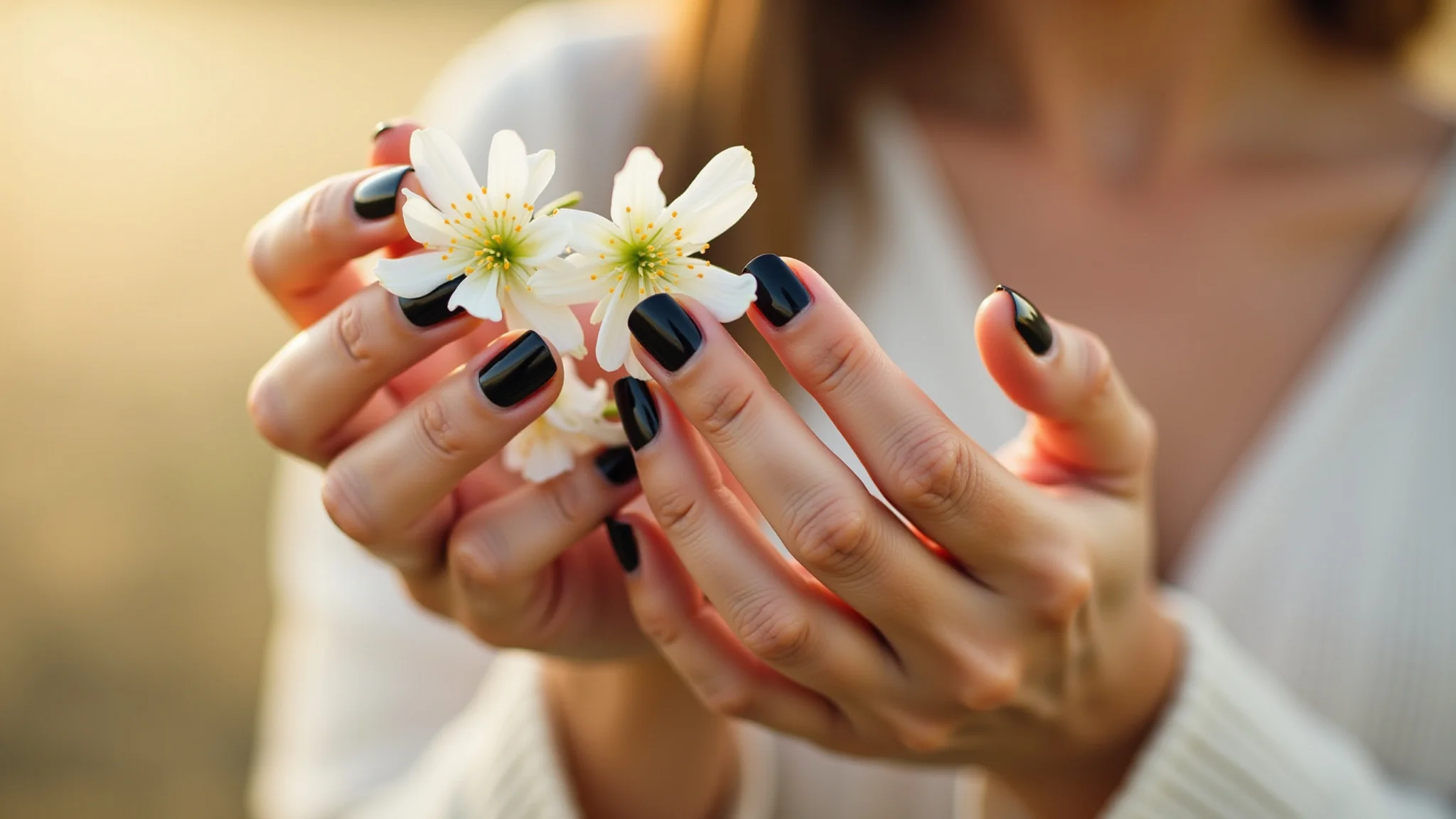 Mãos femininas com esmalte preto e delicado design floral branco.