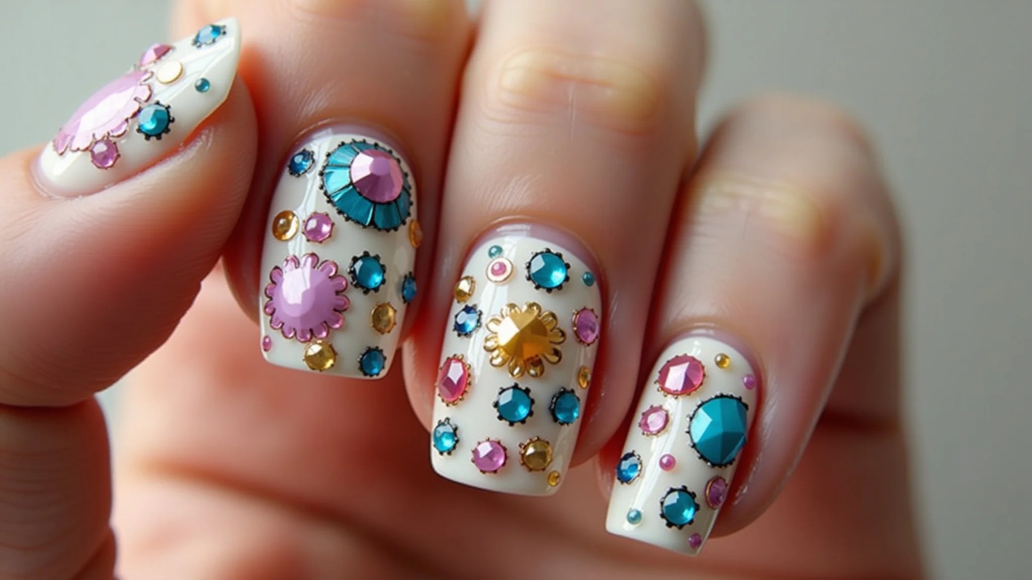 Mix de joias e cores vibrantes, explosão de criatividade nas unhas.