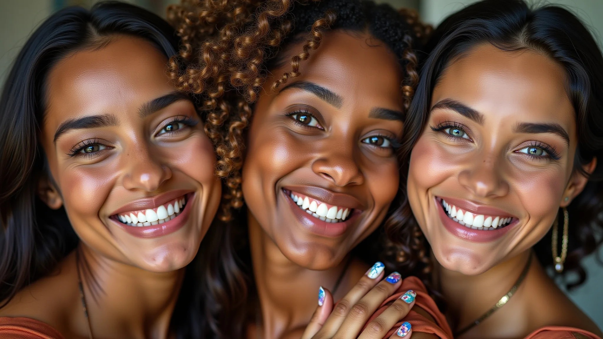 Mulheres brasileiras diversas com unhas coloridas, representando a cultura brasileira.