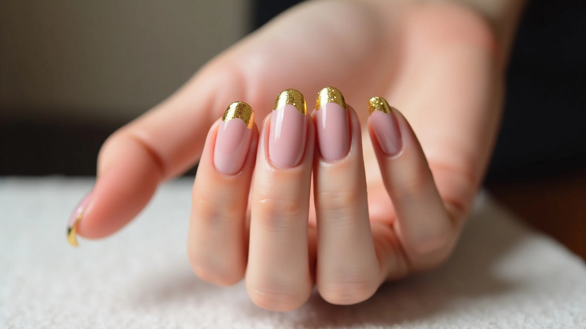 Manicure francesa elegante com pontas de glitter dourado, close-up profissional.
