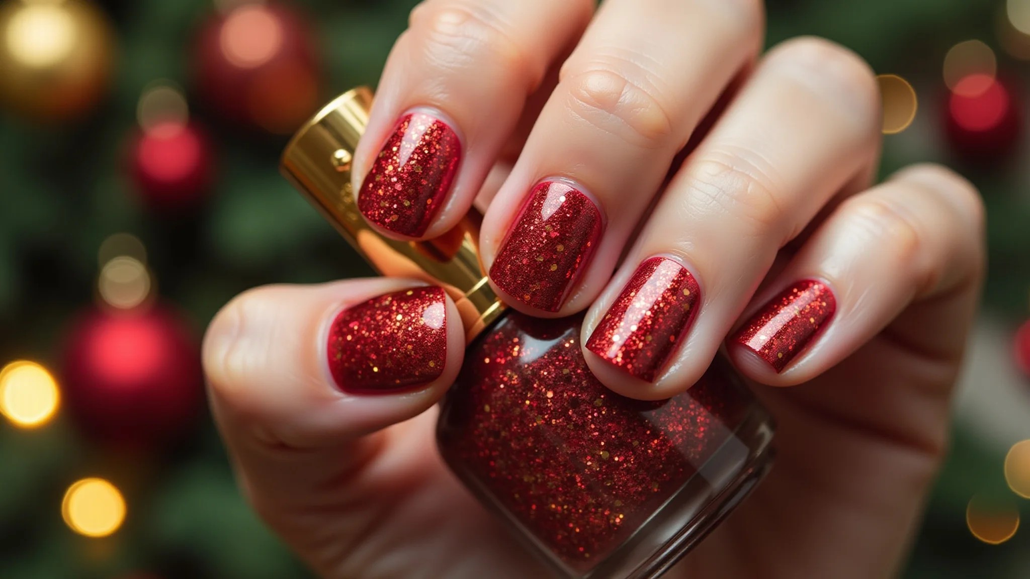 Unhas vermelhas com glitter dourado, decoração natalina, close-up.