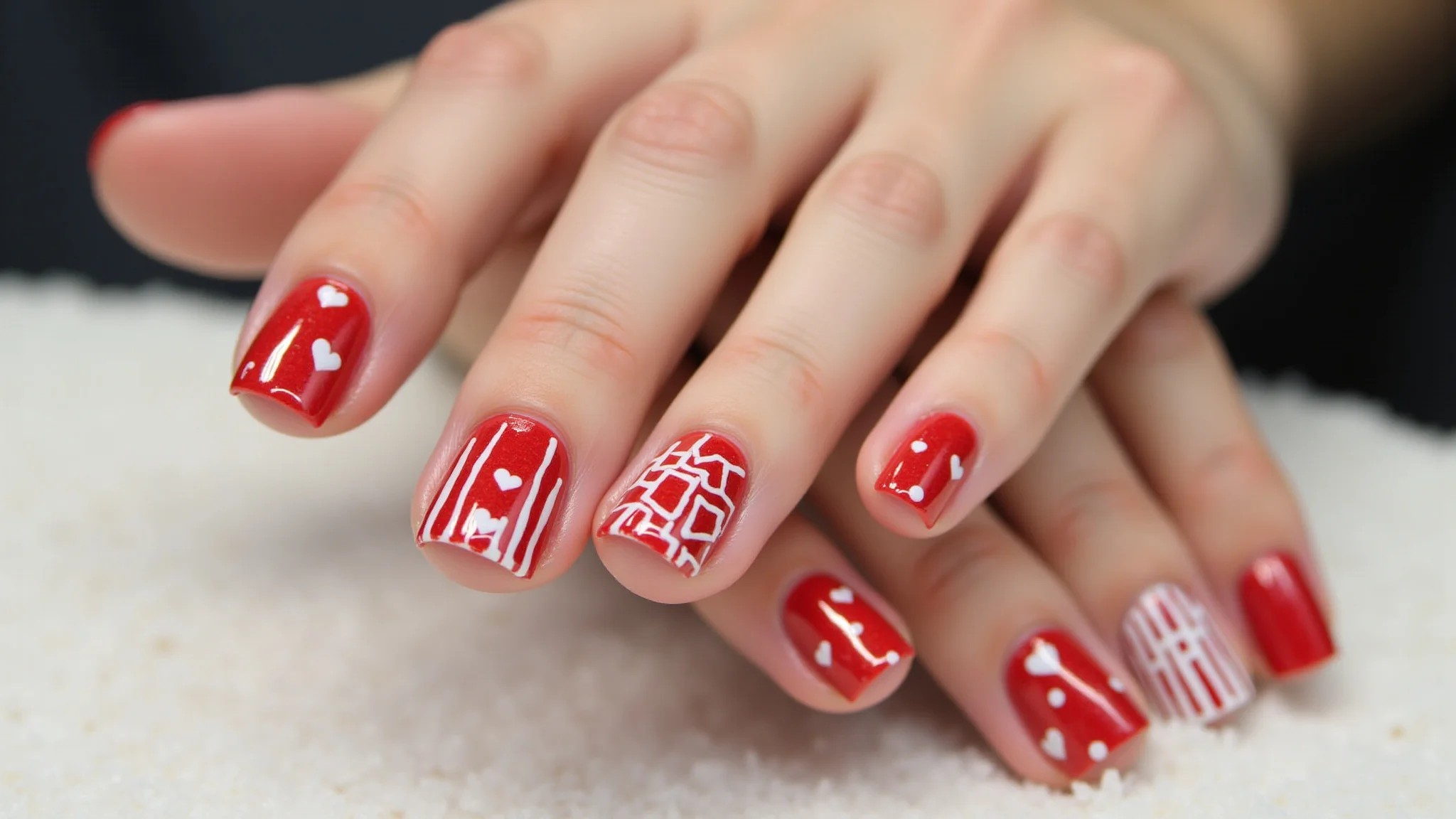 Unhas com listras verticais vermelhas e brancas, estilo retrô.