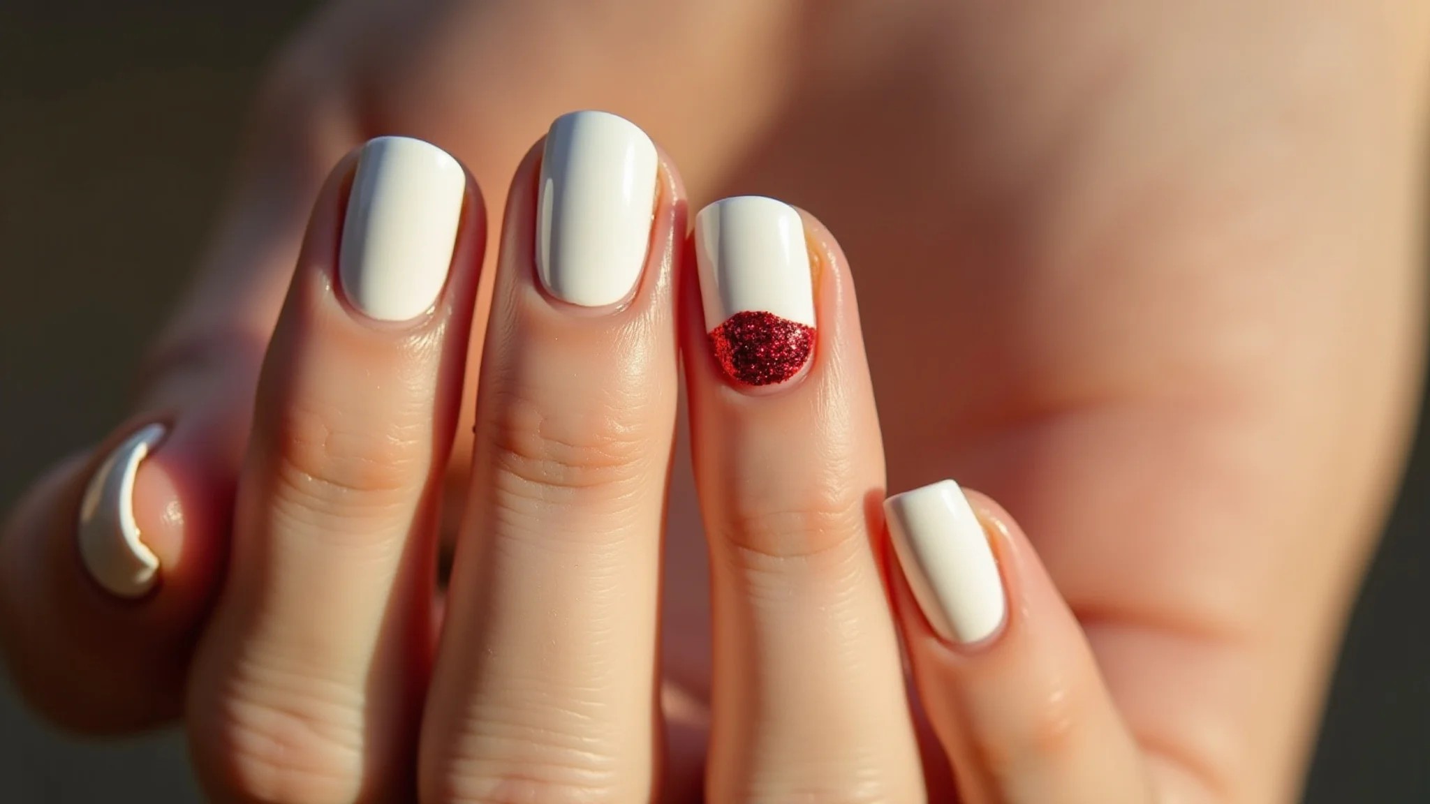 Unhas brancas com filha única de glitter vermelho, estilo glamouroso.