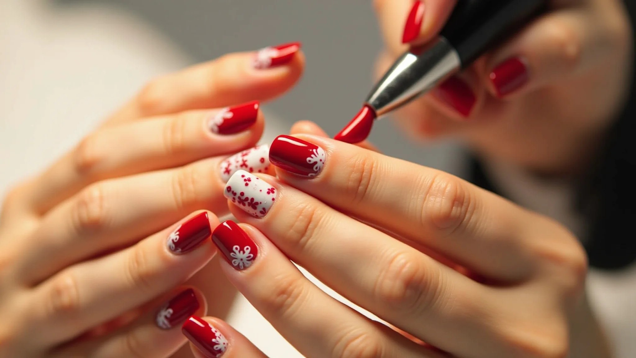 Unhas decoradas vermelhas e brancas finalizadas com top coat.