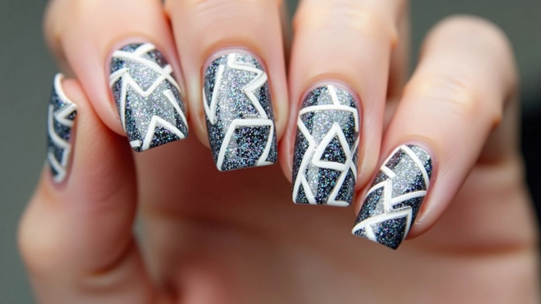 Unhas geométricas com glitter, triângulos e listras, fotografia profissional.