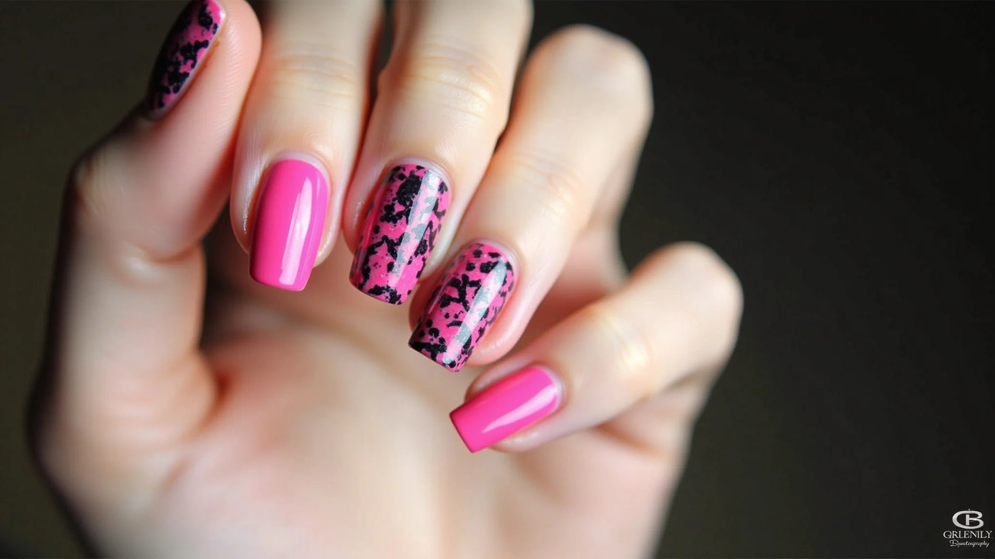 Unhas geométricas rosas com fita, mãos diversas, design moderno, Outubro Rosa.