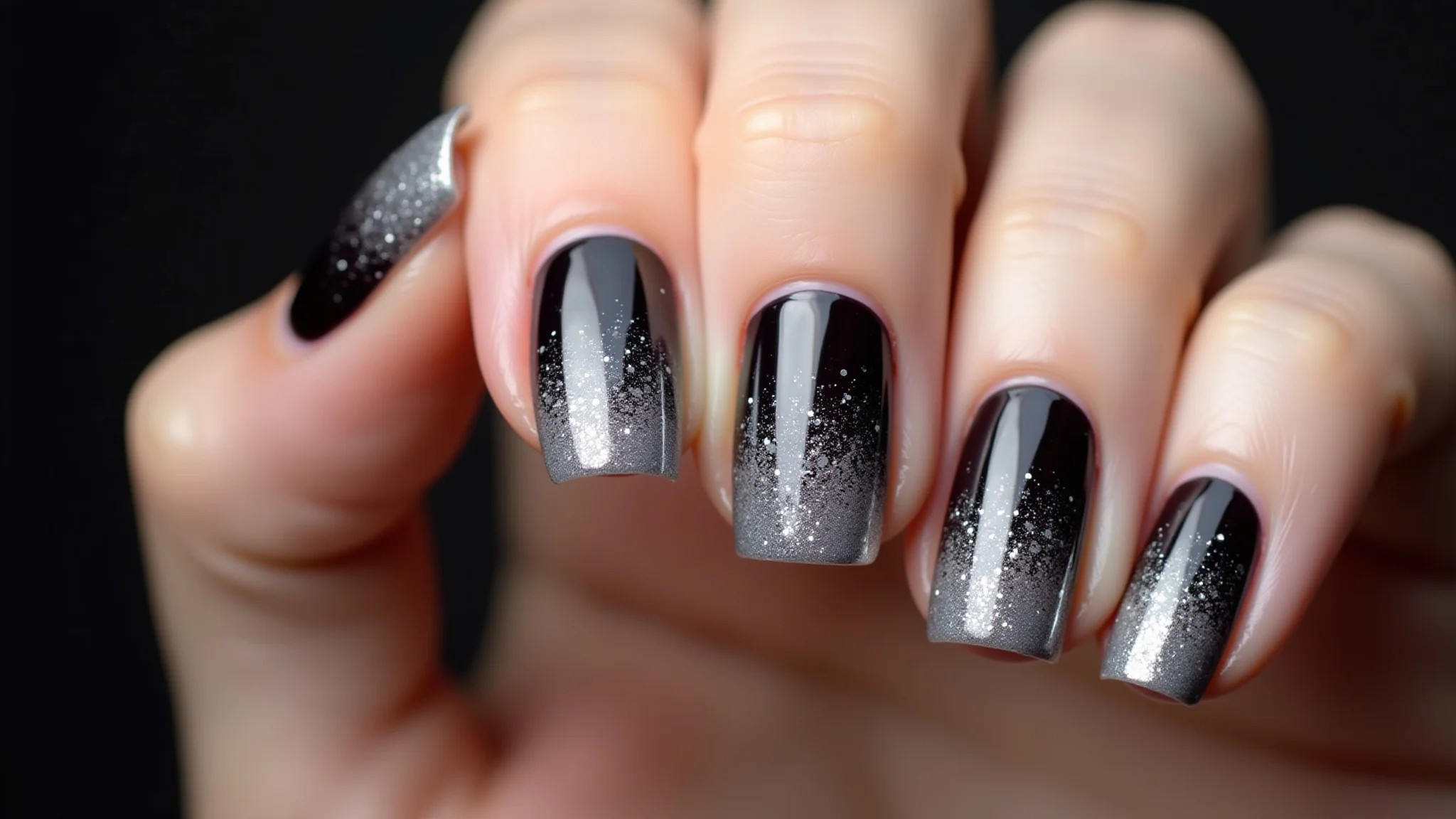 Unhas com degradê de glitter, da base escura às pontas brilhantes, foto profissional.
