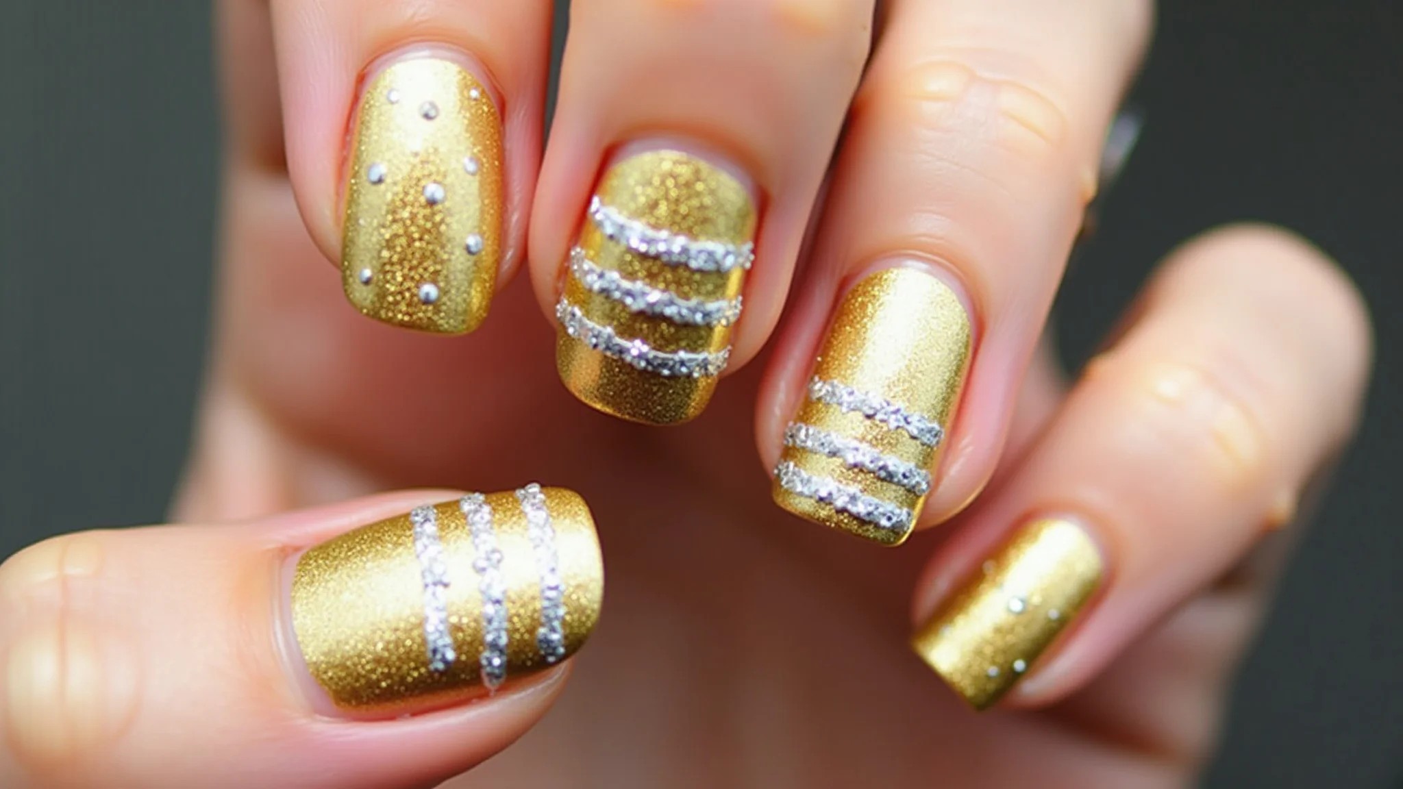 Unhas douradas com detalhes em prata, sofisticadas para o Natal.