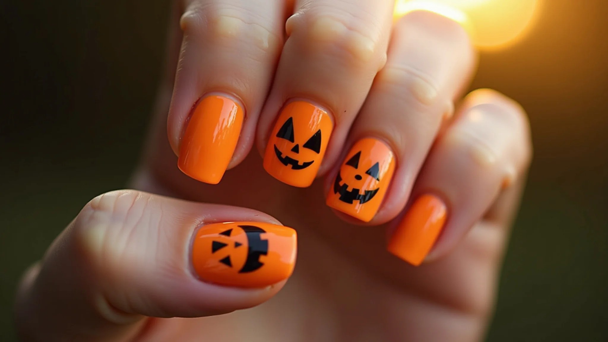 Unhas decoradas para Halloween: unhas laranjas com abóboras sorrindo, fotografia profissional.