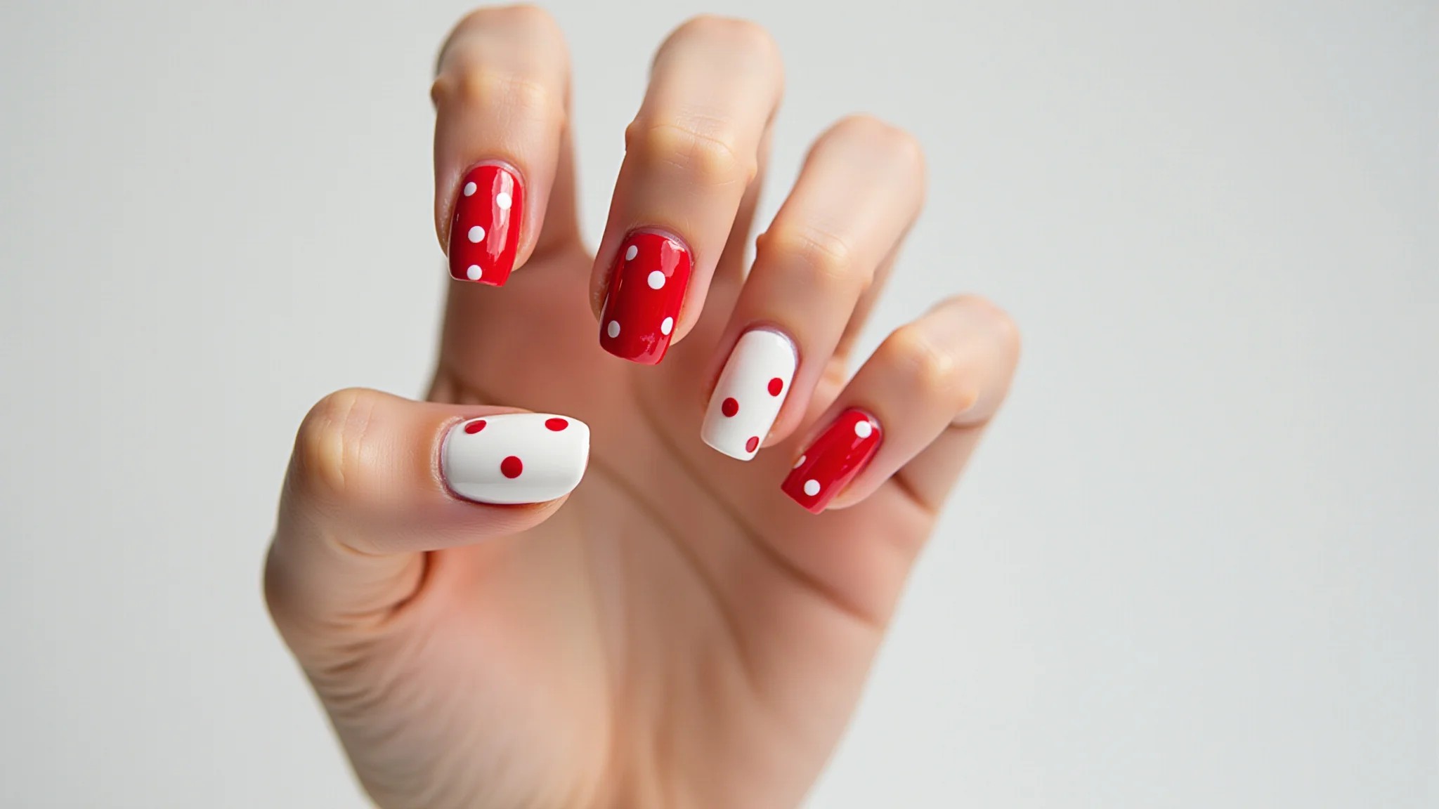 Mão mostrando unhas com poá vermelho e branco, design divertido.
