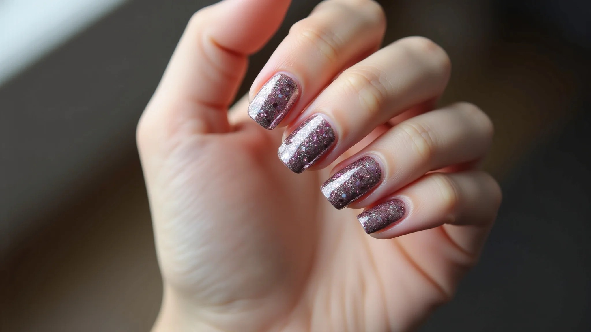 Unhas marmorizadas com glitter, um toque extra de brilho e glamour.