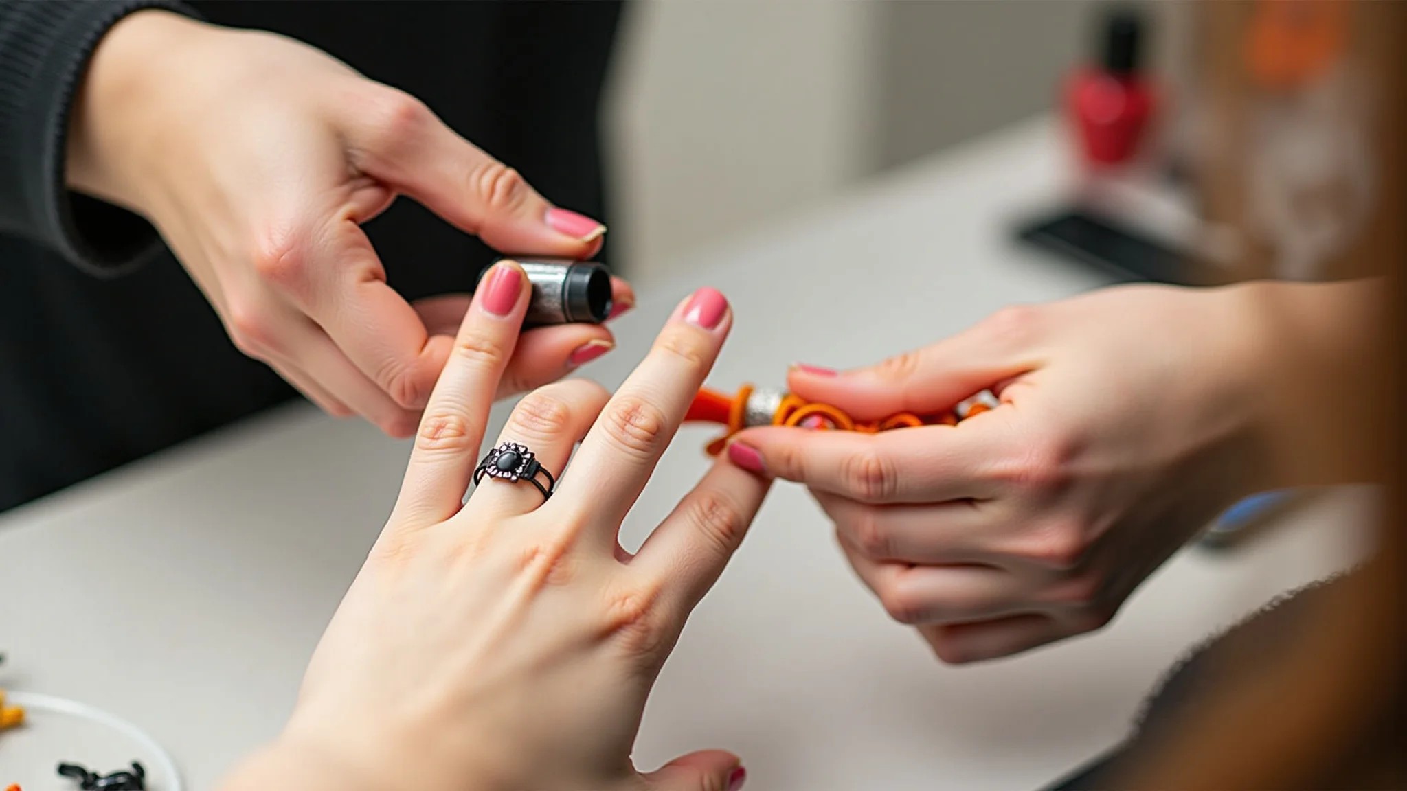 Mãos aplicando base nas unhas, preparando para decoração de Halloween, fotografia.