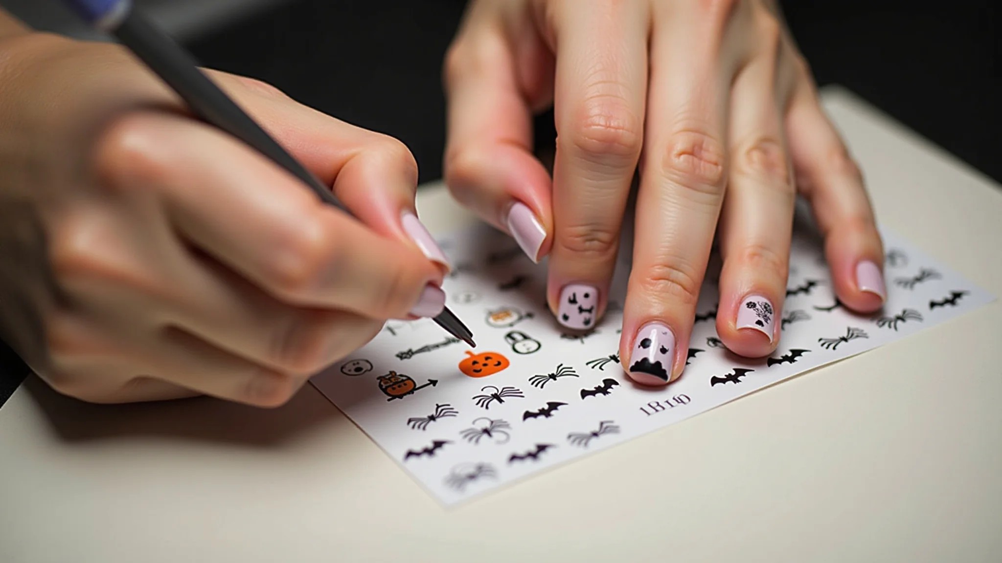 Mãos aplicando adesivos de Halloween nas unhas, nail art fácil para iniciantes.