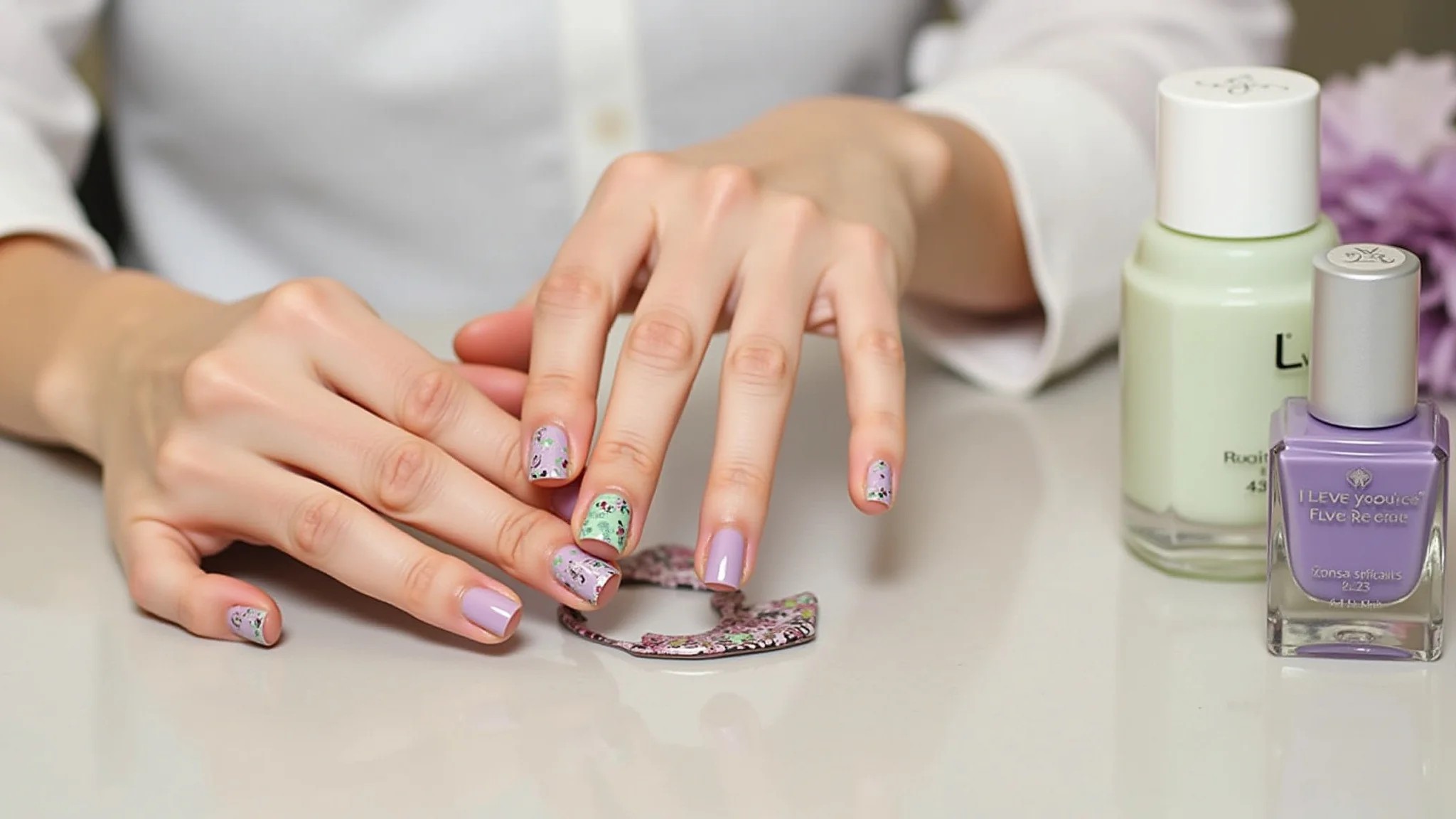 Escolhendo removedor de esmalte sem acetona para unhas lilás e verde.