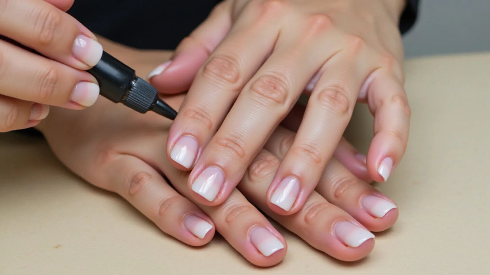 Mãos com unhas naturais curtas após remoção de fibra, aplicando base fortalecedora.