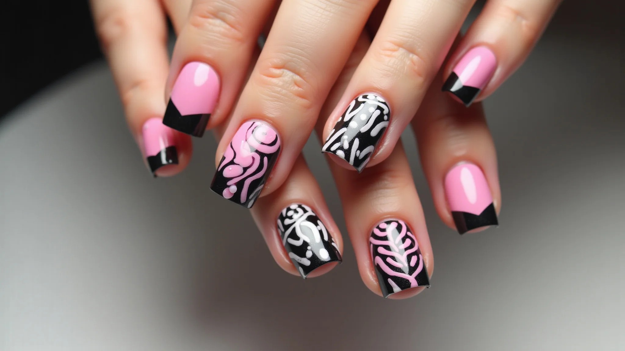 Unhas geométricas modernas com linhas precisas e cores vibrantes.