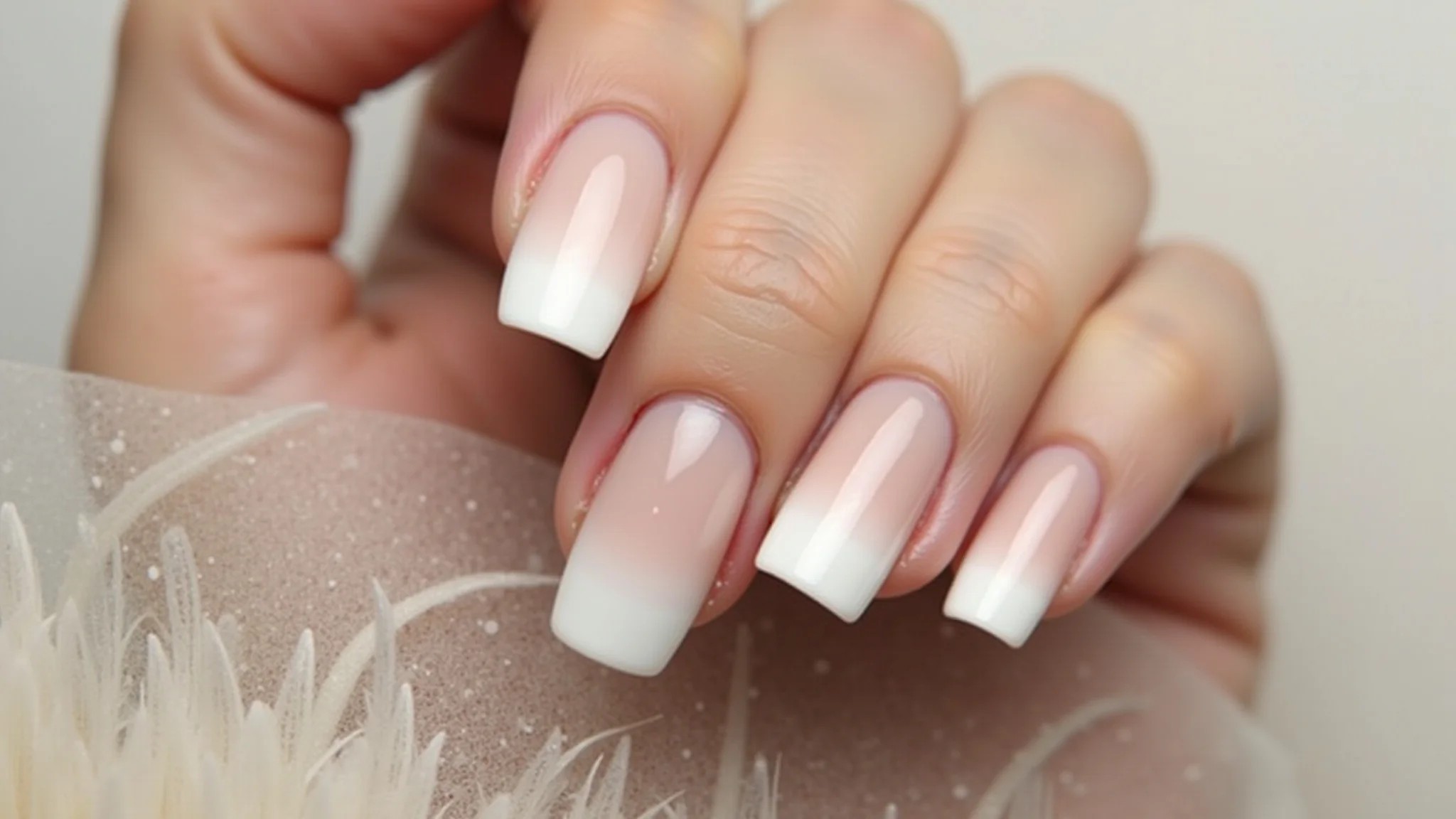 Unhas de gel brancas com efeito ombré degradê.