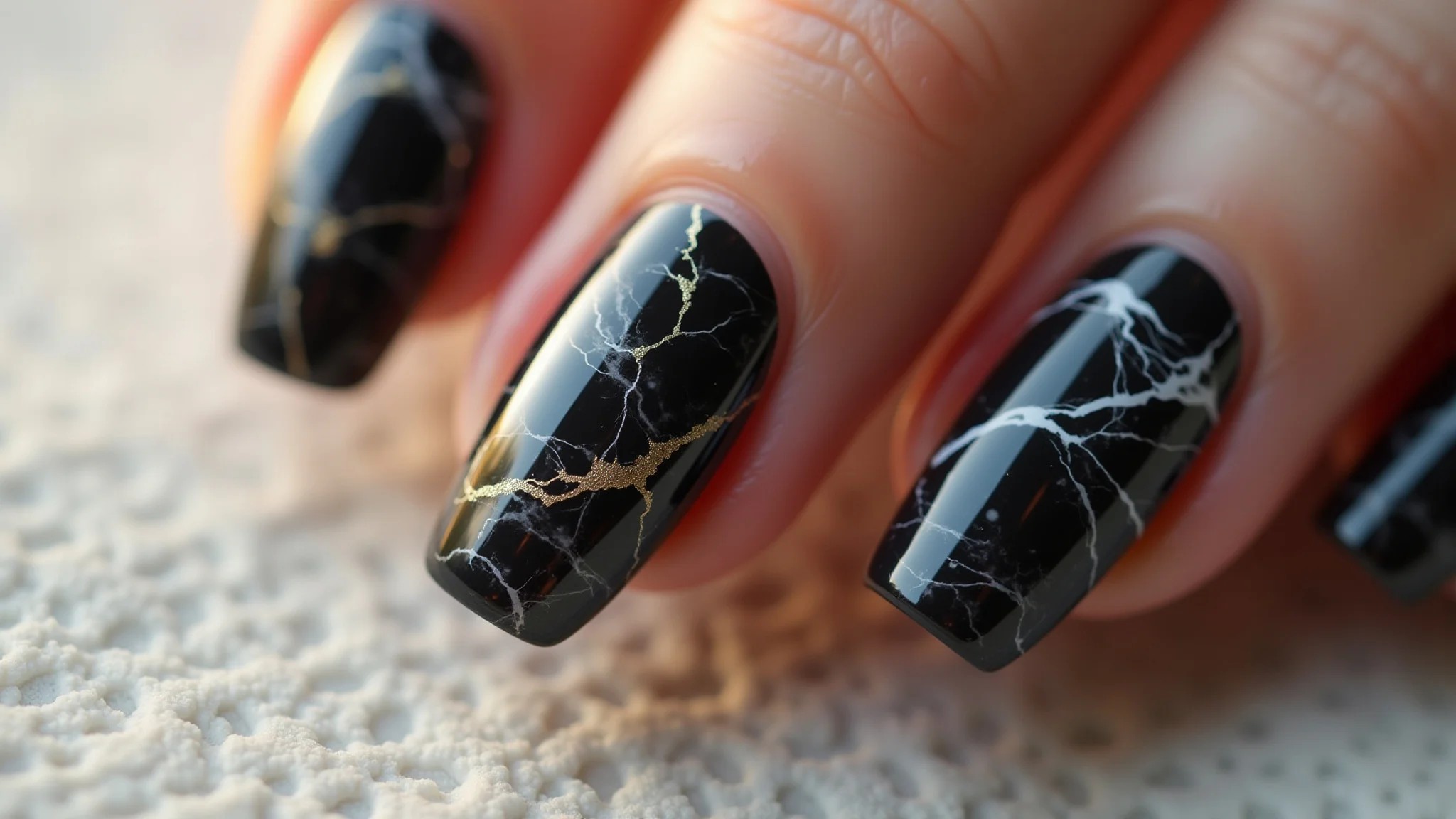 Unhas marmorizadas em preto e branco, efeito pedra natural chique e sofisticado.