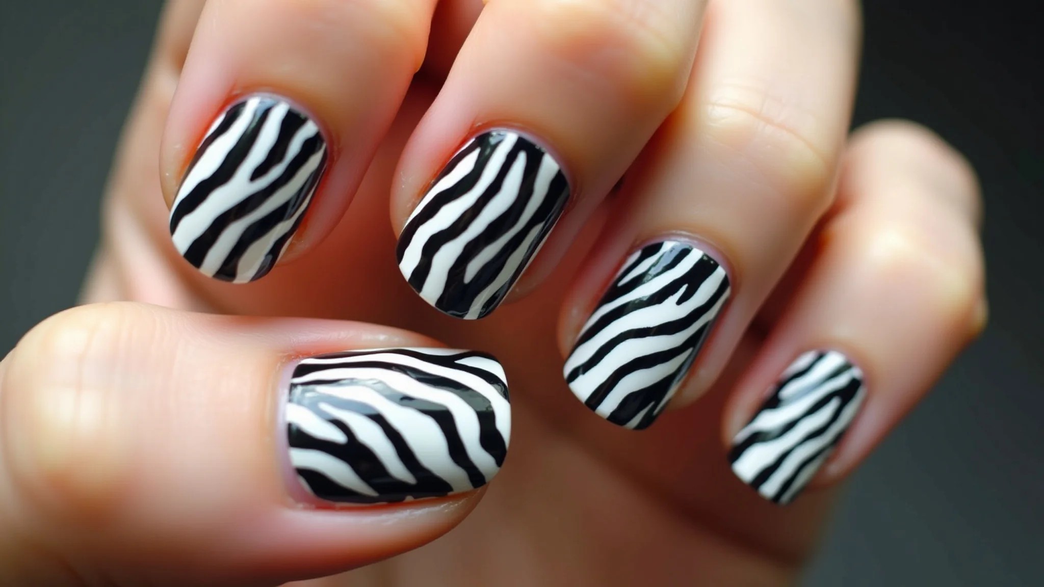 Unhas com estampa de zebra em preto e branco, visual ousado e divertido.
