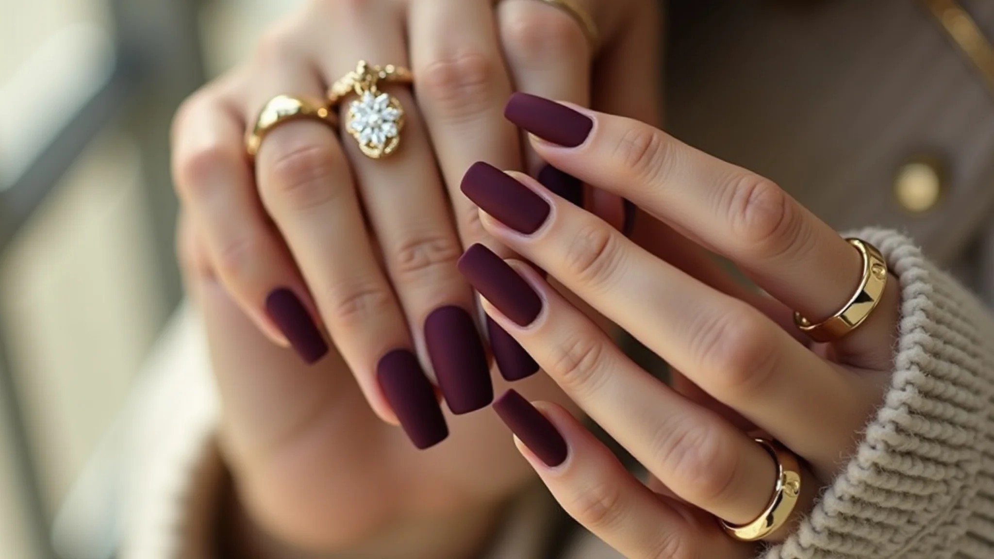 Unhas de fibra de vidro vermelho bordô com efeito fosco, elegantes e sofisticadas.