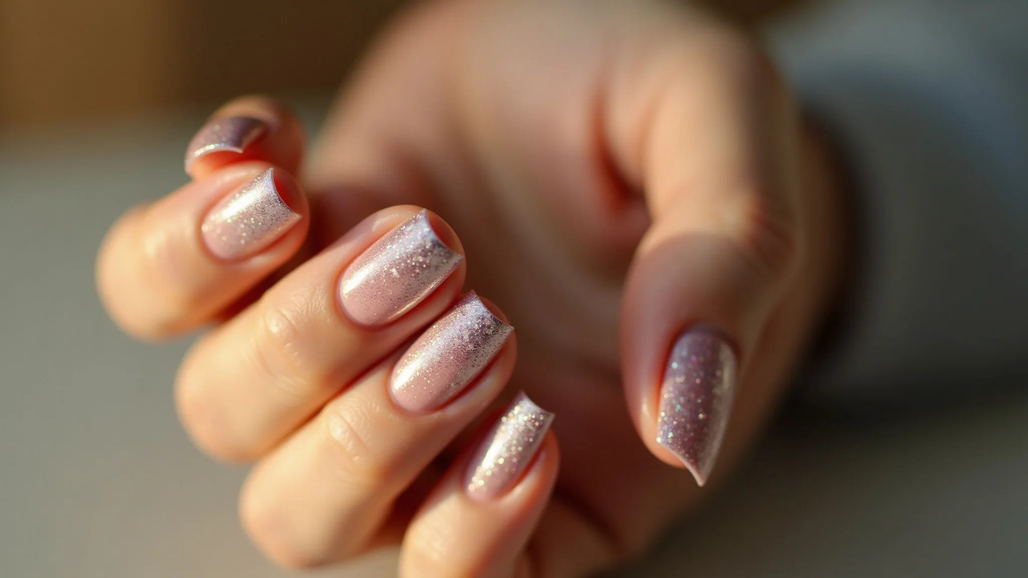 Unhas de fibra com degradê de glitter, efeito sutil, estilo de vida.