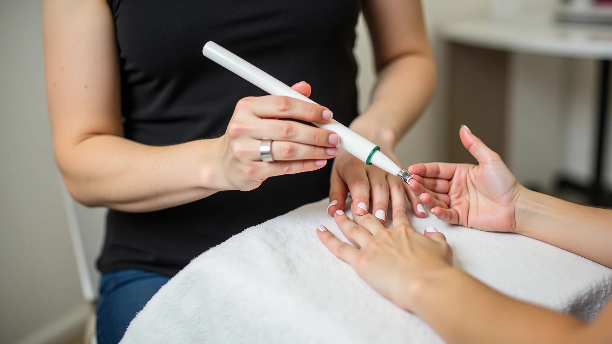 Manicure aplicando fibra de vidro para alongamento de unhas francesinhas.