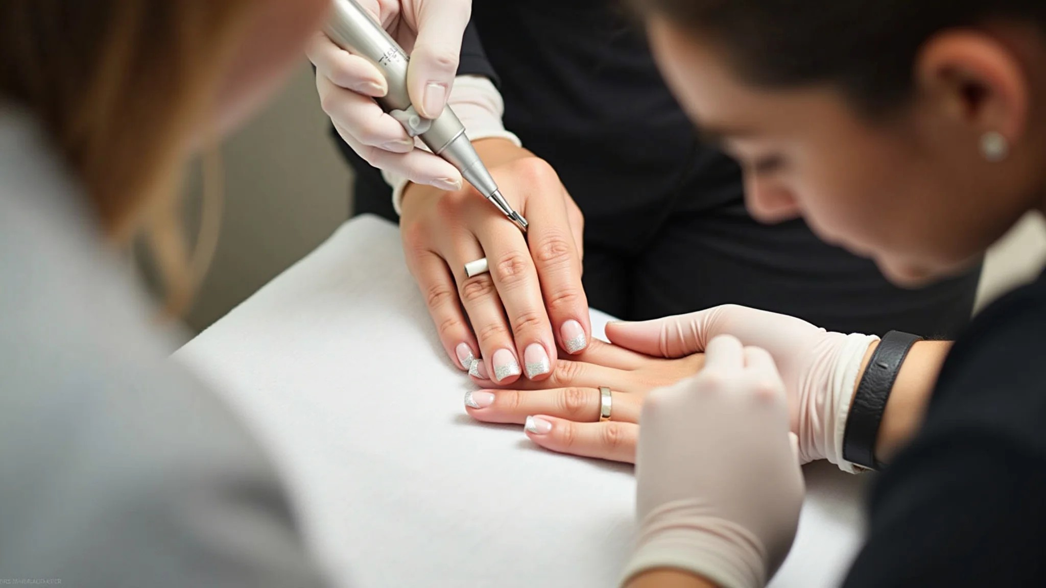 Aplicação de gel base em unhas de fibra de vidro.