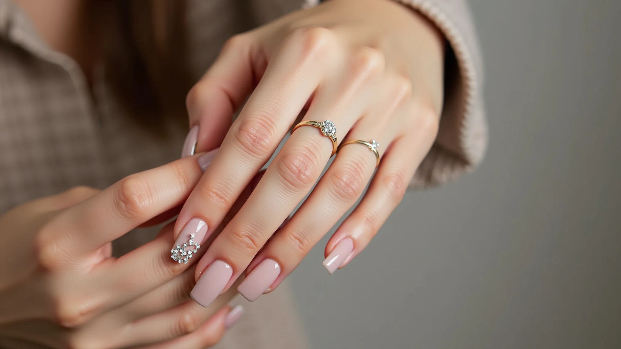 Unhas de fibra de vidro quadradas com filha única e pedraria delicada em tons pastel.
